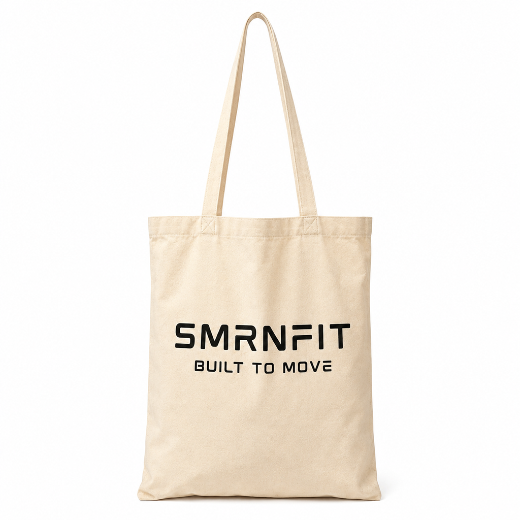 SMRNFIT canvas tote bag, front view, Built to Move print