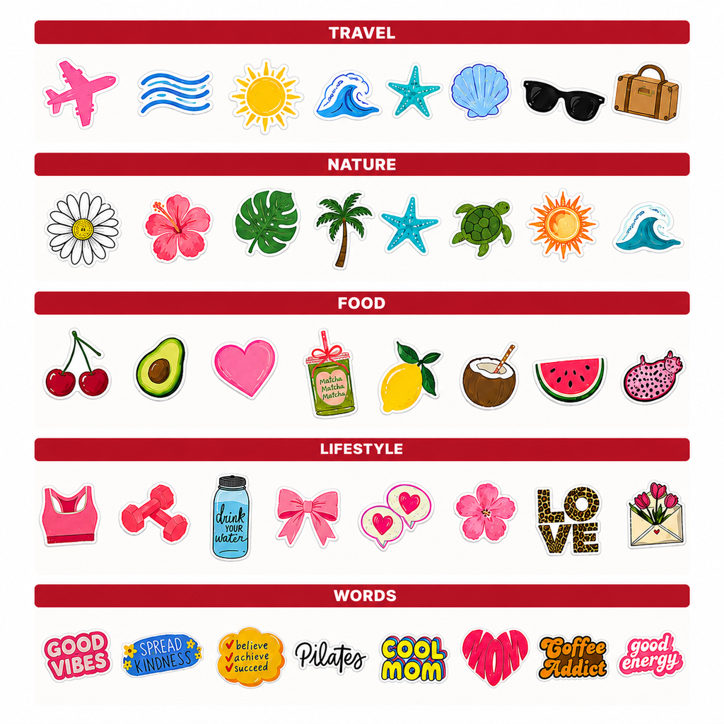 SMRNFIT tote bag included sticker sheet — Travel, Nature, Food, Lifestyle, Words