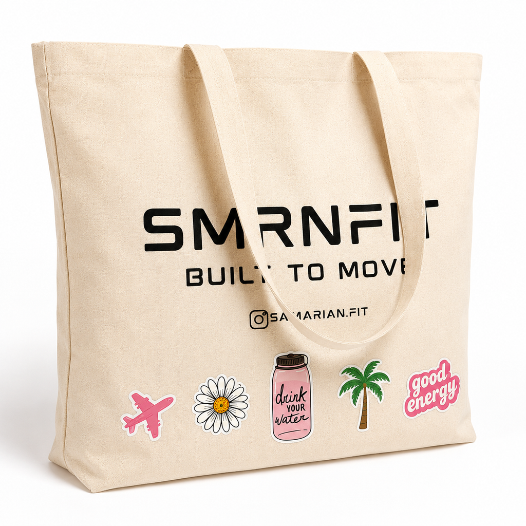 SMRNFIT tote bag angled view with heat transfer stickers applied