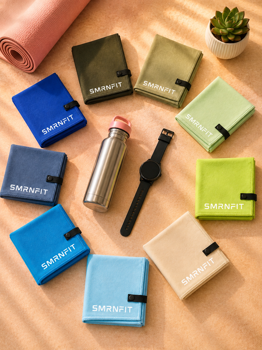 SMRNFIT microfiber towels, all 10 colors flat lay with water bottle, watch, yoga mat, and succulent